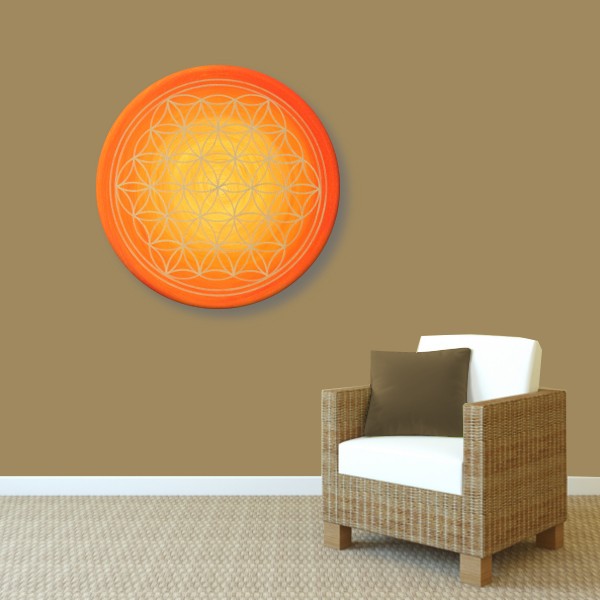 Wandbild Blume des Lebens Gold „Sonnenaufgang“ handgemalt auf runde Leinwand Größe 50 cm