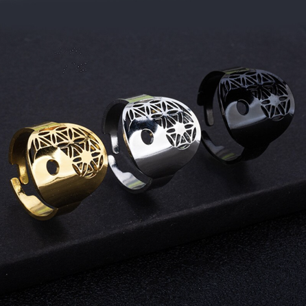 Ring Yin Yang / Blume des Lebens Edelstahl 316L - silberfarbig - Größenverstellbar