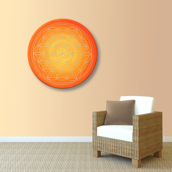 Wandbild Blume des Lebens Gold „Sonnenaufgang“ handgemalt auf runde Leinwand Größe 50 cm