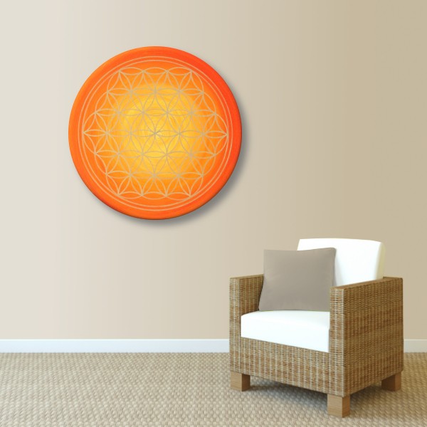 Wandbild Blume des Lebens Gold „Sonnenaufgang“ handgemalt auf runde Leinwand Größe 50 cm