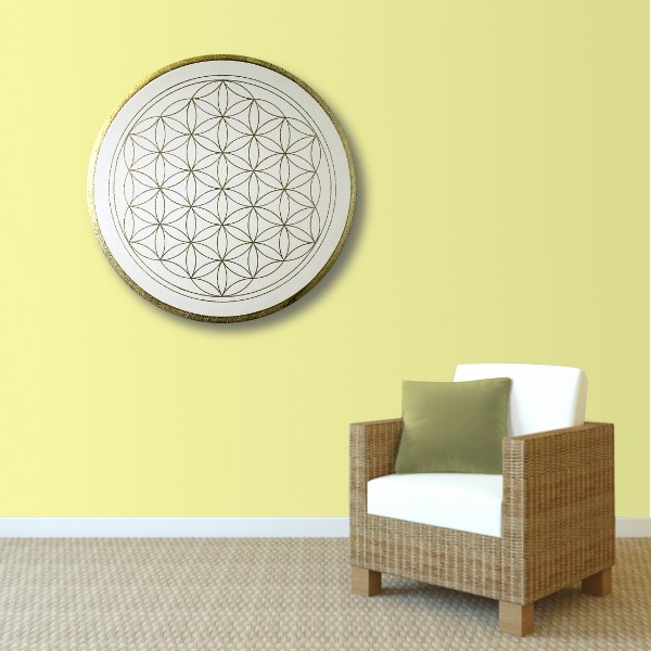 Wandbild Blume des Lebens Gold „Klarheit“ handgemalt auf runde Leinwand Größe 50 cm