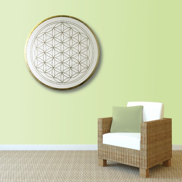 Wandbild Blume des Lebens Gold „Klarheit“ handgemalt auf runde Leinwand Größe 50 cm