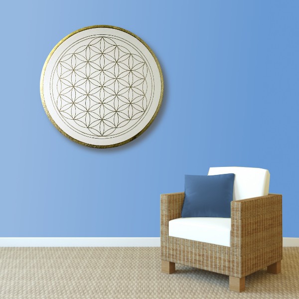 Wandbild Blume des Lebens Gold „Klarheit“ handgemalt auf runde Leinwand Größe 50 cm