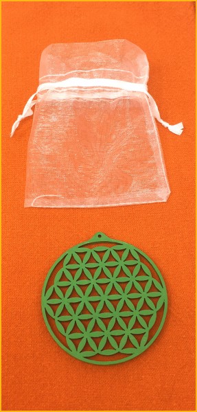 Blume des Lebens Amulett mit persönlicher Schutzfarbe und Stoffbeutel (Farbenbeispiel)
