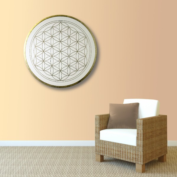 Wandbild Blume des Lebens Gold „Klarheit“ handgemalt auf runde Leinwand Größe 50 cm
