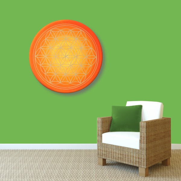 Wandbild Blume des Lebens Gold „Sonnenaufgang“ handgemalt auf runde Leinwand Größe 50 cm
