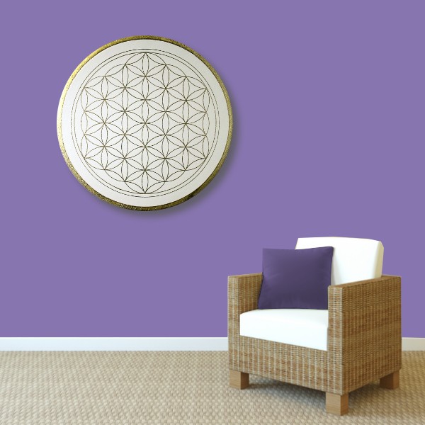 Wandbild Blume des Lebens Gold „Klarheit“ handgemalt auf runde Leinwand Größe 50 cm