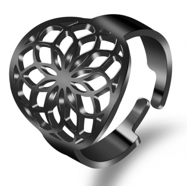 Ring Blume des Lebens Edelstahl 316L - schwarzfarbig - Größenverstellbar - Oberseite