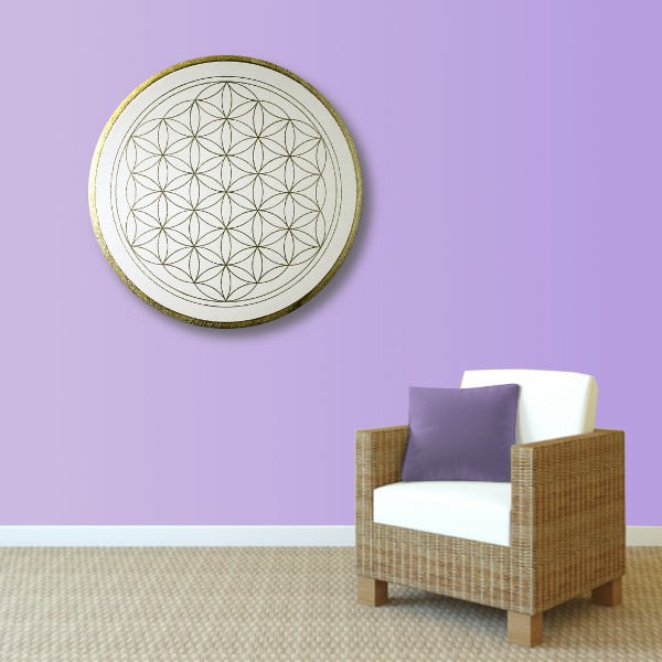 Wandbild Blume des Lebens Gold „Klarheit“ handgemalt auf runde Leinwand Größe 50 cm