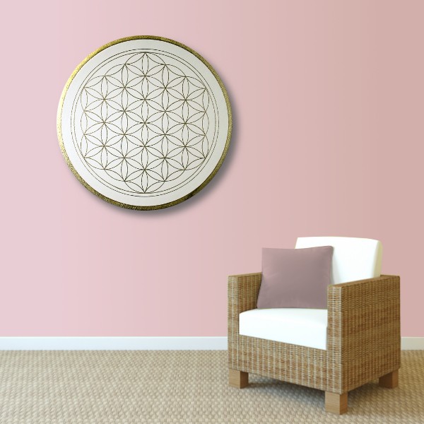 Wandbild Blume des Lebens Gold „Klarheit“ handgemalt auf runde Leinwand Größe 50 cm