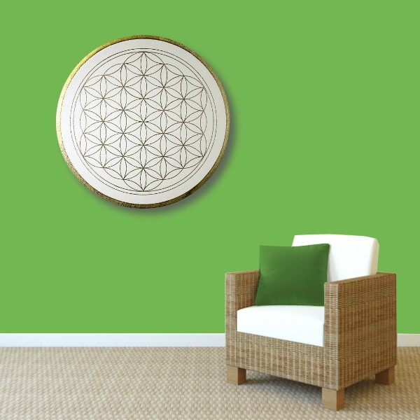 Wandbild Blume des Lebens Gold „Klarheit“ handgemalt auf runde Leinwand Größe 50 cm