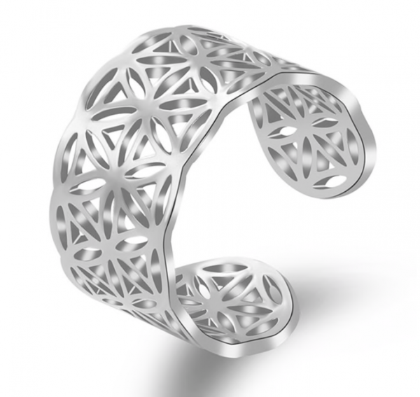 Ring Blume des Lebens Edelstahl 316L - silberfarbig - Größenverstellbar - vollflächig