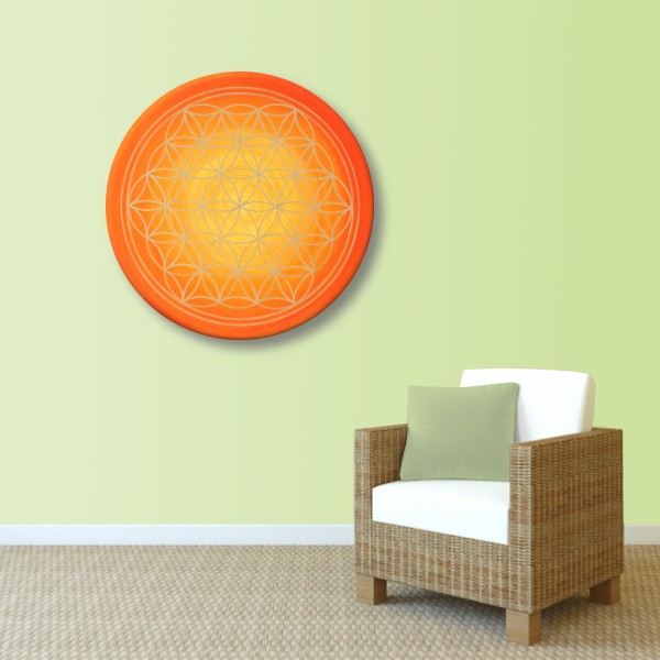 Wandbild Blume des Lebens Gold „Sonnenaufgang“ handgemalt auf runde Leinwand Größe 50 cm